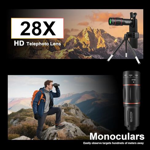 عدسة هاتف تليفوتوغرافي بتركيز طويل 28X لهواتف iPhone وAndroid، وعدسة هاتف تليفوتوغرافي عالية الطاقة مع حامل ثلاثي الأرجل، ومرفق عدسة خلوية متنقلة لهواتف Android وiPhone وSamsung ومعظم الهواتف الذكية in Kuwait