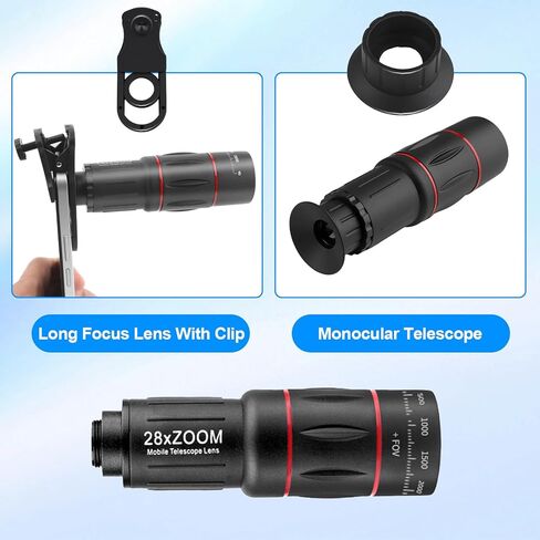 عدسة هاتف تليفوتوغرافي بتركيز طويل 28X لهواتف iPhone وAndroid، وعدسة هاتف تليفوتوغرافي عالية الطاقة مع حامل ثلاثي الأرجل، ومرفق عدسة خلوية متنقلة لهواتف Android وiPhone وSamsung ومعظم الهواتف الذكية in Kuwait