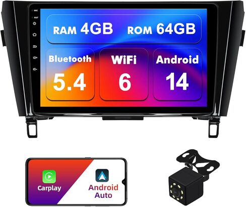 2+32G Android 13 Double Din راديو السيارة ستيريو لنيسان Rogue X-Trail Qashqai 2014-2018 مع شاشة لمس 10.1 بوصة راديو Carplay لاسلكي مدمج/Android Auto/GPS/Bluetooth/FM/AUX-in/SWC/كاميرا in Kuwait