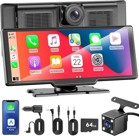 10.26" Apple Carplay Screen for Car, Wireless Car Play & Android Auto HD Touch Screen, 4K Dash Cam, 1080P Backup Camera, Bluetooth/FM/Mirror Link/Music Play/GPS Navigation, for All Vehicles in Saudi Arabia