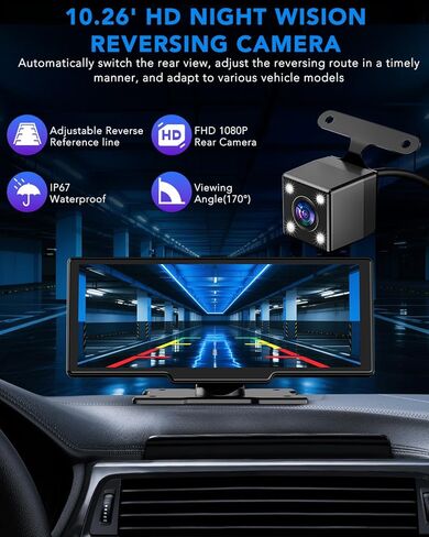 10.26" Apple Carplay Screen for Car, Wireless Car Play & Android Auto HD Touch Screen, 4K Dash Cam, 1080P Backup Camera, Bluetooth/FM/Mirror Link/Music Play/GPS Navigation, for All Vehicles in Saudi Arabia