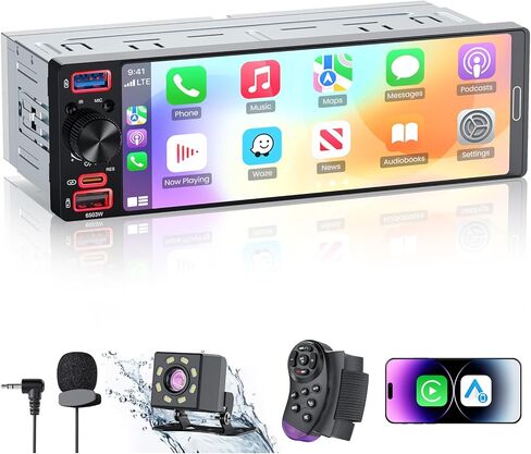 راديو سيارة ستيريو أحادي الدين مع Apple CarPlay وAndroid Auto، راديو سيارة بشاشة لمس 6.5 بوصة InCell مع كاميرا احتياطية 1080P، وصلة مرآة، بلوتوث 6.0، GPS، AM&FM، USB وType-C شحن سريع، EQ، SWC in Saudi Arabia