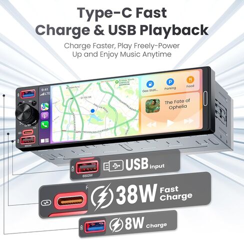 راديو سيارة ستيريو أحادي الدين مع Apple CarPlay وAndroid Auto، راديو سيارة بشاشة لمس 6.5 بوصة InCell مع كاميرا احتياطية 1080P، وصلة مرآة، بلوتوث 6.0، GPS، AM&FM، USB وType-C شحن سريع، EQ، SWC in Saudi Arabia