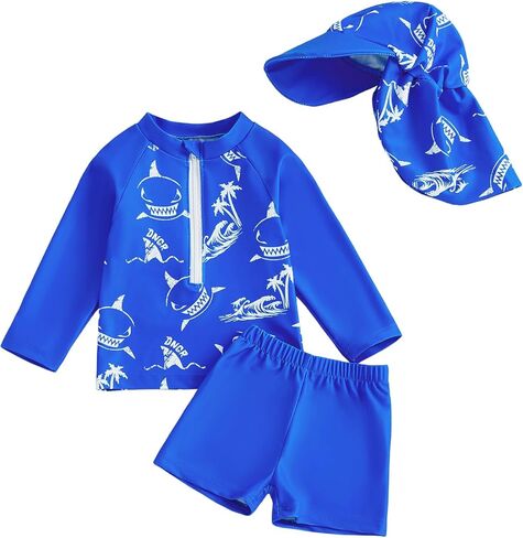 طقم ملابس سباحة Rashguard مكونة من 3 قطع للأطفال الصغار الصغار بأكمام طويلة وطبعة دولفين ملابس سباحة مع قبعة in Kuwait