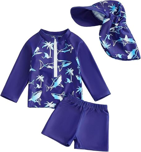 طقم ملابس سباحة Rashguard مكونة من 3 قطع للأطفال الصغار الصغار بأكمام طويلة وطبعة دولفين ملابس سباحة مع قبعة in Kuwait