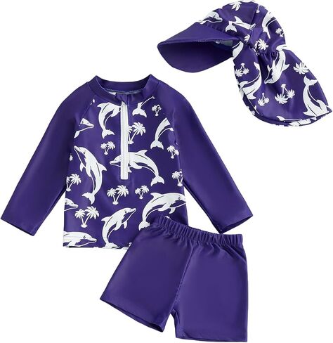 طقم ملابس سباحة Rashguard مكونة من 3 قطع للأطفال الصغار الصغار بأكمام طويلة وطبعة دولفين ملابس سباحة مع قبعة in Kuwait