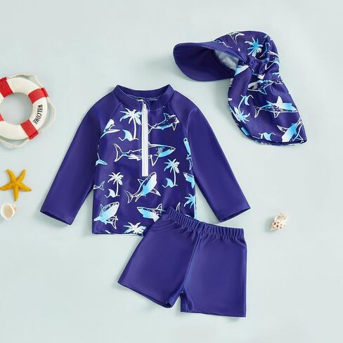 طقم ملابس سباحة Rashguard مكونة من 3 قطع للأطفال الصغار الصغار بأكمام طويلة وطبعة دولفين ملابس سباحة مع قبعة in Kuwait