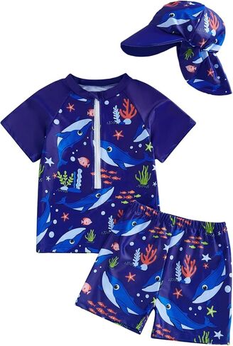 طقم ملابس سباحة Rashguard مكونة من 3 قطع للأطفال الصغار الصغار بأكمام طويلة وطبعة دولفين ملابس سباحة مع قبعة in Kuwait
