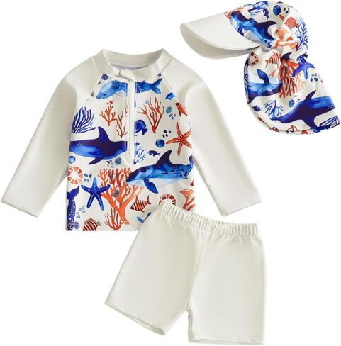 طقم ملابس سباحة Rashguard مكونة من 3 قطع للأطفال الصغار الصغار بأكمام طويلة وطبعة دولفين ملابس سباحة مع قبعة in Kuwait