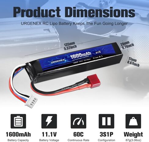 URGENEX Airsoft Battery 11.1V 1600mAh 60C High Discharge Rate Lipo Battery Pack with Dean-Style T Plug Rechargeable 3S Lipos Fit for Airsoft Model Guns in Saudi Arabia