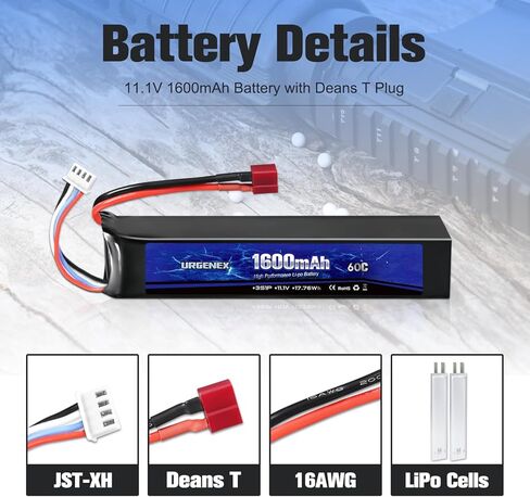 URGENEX Airsoft Battery 11.1V 1600mAh 60C High Discharge Rate Lipo Battery Pack with Dean-Style T Plug Rechargeable 3S Lipos Fit for Airsoft Model Guns in Saudi Arabia