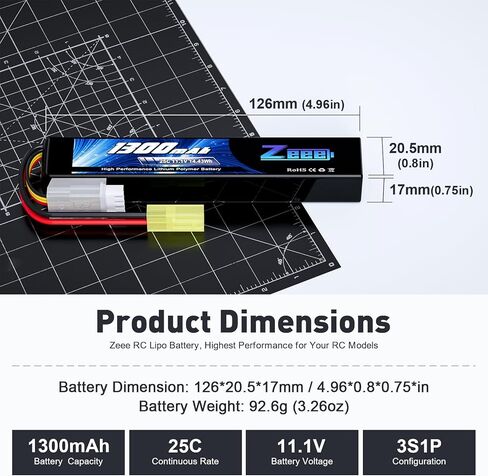 Zeee 3S Airsoft Lipo Battery 1300mAh 11.1V 25C 3S Stick Battery with Mini Tamiya Connector for Airsoft Guns Rifle in Saudi Arabia