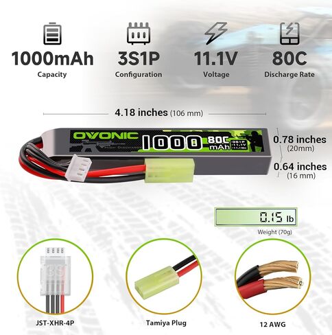 بطارية ليبو OVONIC 3s 11.1 فولت 1000 مللي أمبير 80C مع بطارية ليبو بمقبس MiniTamiya لبنادق Airsoft (2 قطعة) in Kuwait