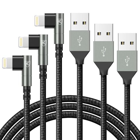 شاحن iPhone 90 درجة 6FT، [معتمد من Apple MFi] 3 حزم سلك كابلات شحن سريع، كابل USB مضفر من النايلون بزاوية قائمة 6 أقدام لهاتف iPhone 14/13/12/11/Pro/Max/Mini/X/Plus/8/7/6/5S/Plus/iPad in Kuwait