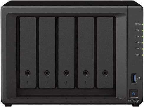 حزمة خادم Synology DiskStation DS1522+ NAS مع وحدة المعالجة المركزية Ryzen 2.6 جيجا هرتز، وذاكرة 32 جيجا بايت، وتخزين محرك الأقراص الصلبة 40 تيرابايت، و1 تيرابايت M.2 NVMe SSD، و4 منافذ LAN بسرعة 1 جيجابت، ونظام تشغيل DSM in Saudi Arabia