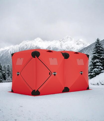 Garvee Pop Up Ice Fishing Tent Insulated Ice Fishing Shelter 140"x70.8"x79" Portable Hub-Style Shelter Shanty Windproof and Warm for 6 to 8 Persons, Includes Anchors, Ropes & Carry Bag, Red in Saudi Arabia