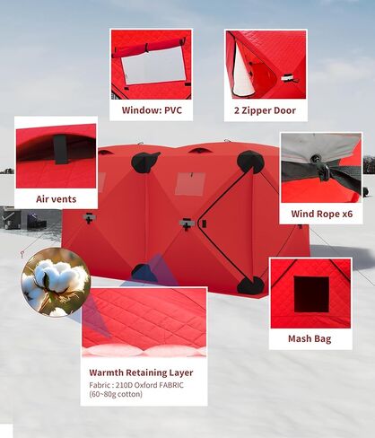 Garvee Pop Up Ice Fishing Tent Insulated Ice Fishing Shelter 140"x70.8"x79" Portable Hub-Style Shelter Shanty Windproof and Warm for 6 to 8 Persons, Includes Anchors, Ropes & Carry Bag, Red in Saudi Arabia