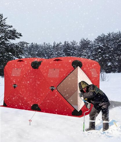 Garvee Pop Up Ice Fishing Tent Insulated Ice Fishing Shelter 140"x70.8"x79" Portable Hub-Style Shelter Shanty Windproof and Warm for 6 to 8 Persons, Includes Anchors, Ropes & Carry Bag, Red in Saudi Arabia