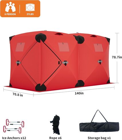 Garvee Pop Up Ice Fishing Tent Insulated Ice Fishing Shelter 140"x70.8"x79" Portable Hub-Style Shelter Shanty Windproof and Warm for 6 to 8 Persons, Includes Anchors, Ropes & Carry Bag, Red in Saudi Arabia
