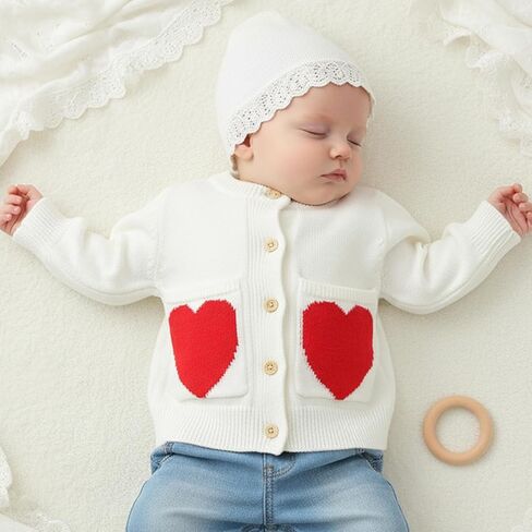 Baby Girl Valentine's Day Outfits Button Down Sweater Heart Print Knit Cardigan Sweaters Toddler Newborn Clothes in Saudi Arabia
