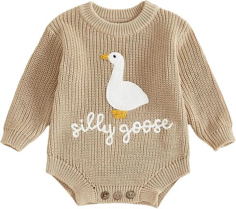 Baby Girl Boy Outfit Silly Goose Embroidery Crewneck Long Sleeve Knit Sweater Bubble Romper Newbrn Fall Winter Clothes in Saudi Arabia