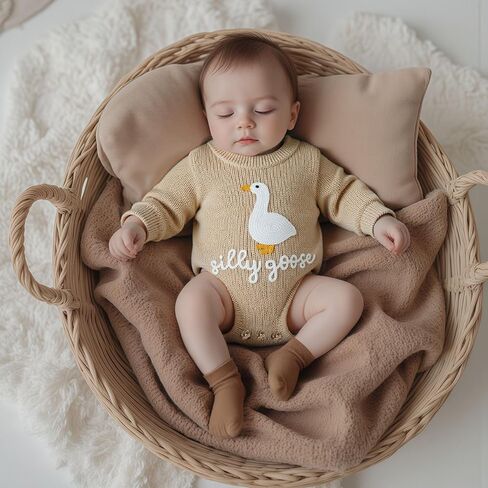 Baby Girl Boy Outfit Silly Goose Embroidery Crewneck Long Sleeve Knit Sweater Bubble Romper Newbrn Fall Winter Clothes in Saudi Arabia