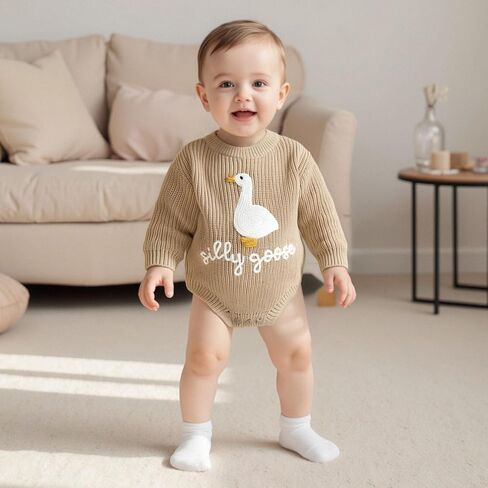Baby Girl Boy Outfit Silly Goose Embroidery Crewneck Long Sleeve Knit Sweater Bubble Romper Newbrn Fall Winter Clothes in Saudi Arabia