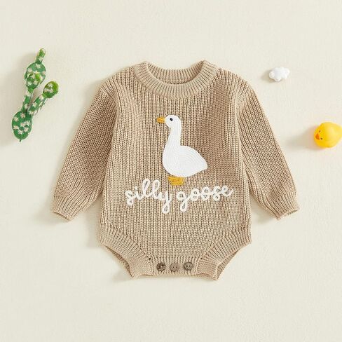 Baby Girl Boy Outfit Silly Goose Embroidery Crewneck Long Sleeve Knit Sweater Bubble Romper Newbrn Fall Winter Clothes in Saudi Arabia