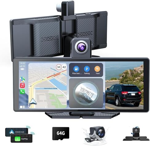 10.26" Wireless Portable Carplay Screen CarPlay & Android Auto Car Stereo 360 Rotation 4K Dash Cam 1080p Rear Camera Mirror Link Voice Control, GPS Navigation, FM Radio Receiver (Black) in Saudi Arabia