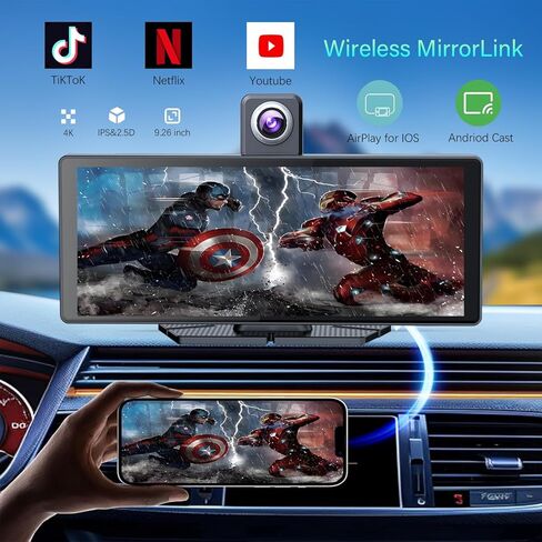 10.26" Wireless Portable Carplay Screen CarPlay & Android Auto Car Stereo 360 Rotation 4K Dash Cam 1080p Rear Camera Mirror Link Voice Control, GPS Navigation, FM Radio Receiver (Black) in Saudi Arabia
