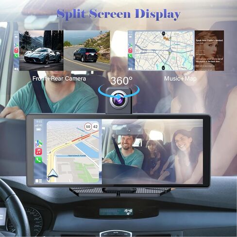 10.26" Wireless Portable Carplay Screen CarPlay & Android Auto Car Stereo 360 Rotation 4K Dash Cam 1080p Rear Camera Mirror Link Voice Control, GPS Navigation, FM Radio Receiver (Black) in Saudi Arabia