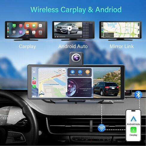 10.26" Wireless Portable Carplay Screen CarPlay & Android Auto Car Stereo 360 Rotation 4K Dash Cam 1080p Rear Camera Mirror Link Voice Control, GPS Navigation, FM Radio Receiver (Black) in Saudi Arabia