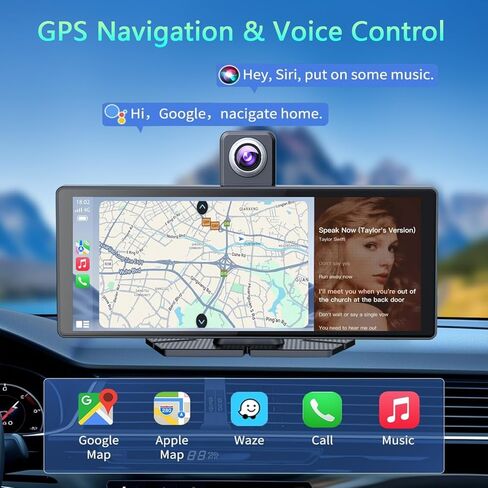 10.26" Wireless Portable Carplay Screen CarPlay & Android Auto Car Stereo 360 Rotation 4K Dash Cam 1080p Rear Camera Mirror Link Voice Control, GPS Navigation, FM Radio Receiver (Black) in Saudi Arabia