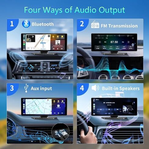 10.26" Wireless Portable Carplay Screen CarPlay & Android Auto Car Stereo 360 Rotation 4K Dash Cam 1080p Rear Camera Mirror Link Voice Control, GPS Navigation, FM Radio Receiver (Black) in Saudi Arabia