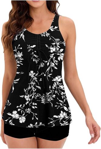 النساء 2 قطعة Flowy Tankini المايوه مع Boyshorts الرباط Crewneck السباحة تانك القمم لباس سباحة متواضع ملابس السباحة in Kuwait