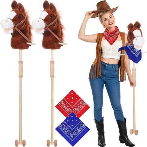 Poen 2 Sets Stick Horse with Red and Blue Bandana, Brown Horse on a Stick with Sound 27.6" Toys for Western Cowboy Theme Party Pretend Games in Saudi Arabia