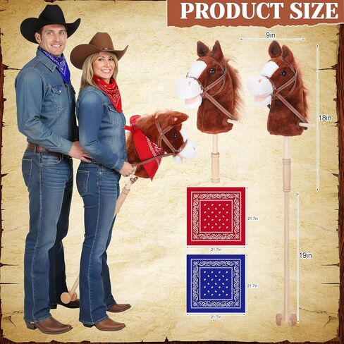Poen 2 Sets Stick Horse with Red and Blue Bandana, Brown Horse on a Stick with Sound 27.6" Toys for Western Cowboy Theme Party Pretend Games in Saudi Arabia