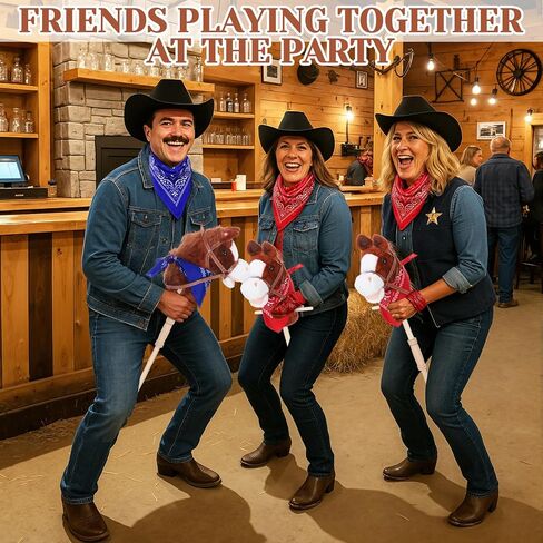 Poen 2 Sets Stick Horse with Red and Blue Bandana, Brown Horse on a Stick with Sound 27.6" Toys for Western Cowboy Theme Party Pretend Games in Saudi Arabia
