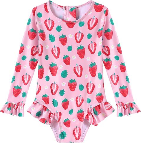 Toddler Girls Long Sleeve Swimsuit One Piece Ruffle Zipper Rash Guard Bathing Suit UPF 50+ Kid Swimwear 1-6 Years in Saudi Arabia