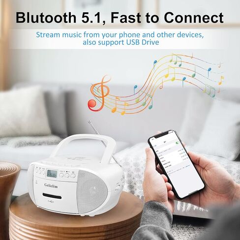 Gelielim CD and Cassette Player Combo, Portable Cassette Tape Player, 5.1V Bluetooth Speaker, AM FM Radio, USB Playback/Earphone Jack, Remote Control, Plug in for Home in Kuwait