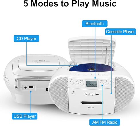 Gelielim CD and Cassette Player Combo, Portable Cassette Tape Player, 5.1V Bluetooth Speaker, AM FM Radio, USB Playback/Earphone Jack, Remote Control, Plug in for Home in Kuwait