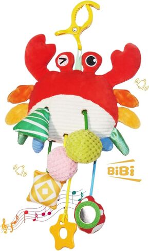 Crab Baby Toy - Clip-On Hanging Sensory Toy for Car Seat, Stroller, Gym with Squeaker, Crinkle, Rattle, Mirror & Teether | Soft Plush 18 Months Infant Developmental Toy for Tummy Time (Red) in Saudi Arabia