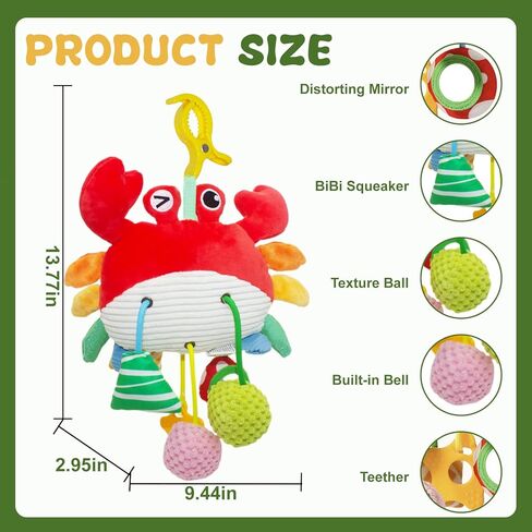 Crab Baby Toy - Clip-On Hanging Sensory Toy for Car Seat, Stroller, Gym with Squeaker, Crinkle, Rattle, Mirror & Teether | Soft Plush 18 Months Infant Developmental Toy for Tummy Time (Red) in Saudi Arabia