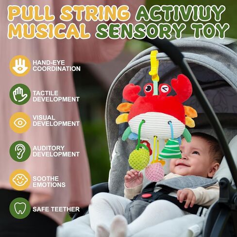 Crab Baby Toy - Clip-On Hanging Sensory Toy for Car Seat, Stroller, Gym with Squeaker, Crinkle, Rattle, Mirror & Teether | Soft Plush 18 Months Infant Developmental Toy for Tummy Time (Red) in Saudi Arabia