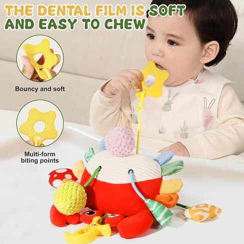 Crab Baby Toy - Clip-On Hanging Sensory Toy for Car Seat, Stroller, Gym with Squeaker, Crinkle, Rattle, Mirror & Teether | Soft Plush 18 Months Infant Developmental Toy for Tummy Time (Red) in Saudi Arabia