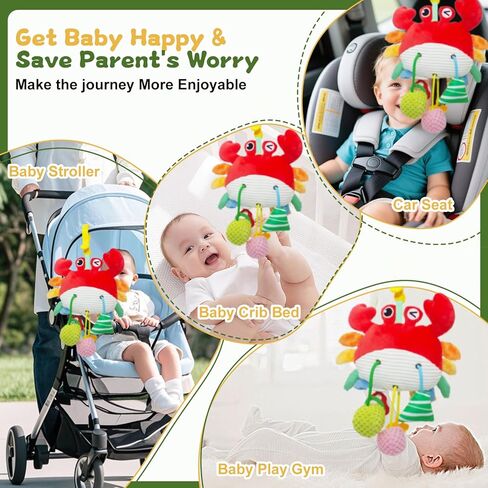 Crab Baby Toy - Clip-On Hanging Sensory Toy for Car Seat, Stroller, Gym with Squeaker, Crinkle, Rattle, Mirror & Teether | Soft Plush 18 Months Infant Developmental Toy for Tummy Time (Red) in Saudi Arabia