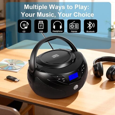 Portable CD Player Boombox with Bluetooth, FM Radio, USB Playback, Built-in Rechargeable 2000mAh Battery, Remote Control, Stereo Sound (Black) in Saudi Arabia
