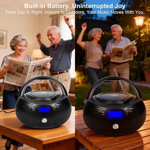 Portable CD Player Boombox with Bluetooth, FM Radio, USB Playback, Built-in Rechargeable 2000mAh Battery, Remote Control, Stereo Sound (Black) in Saudi Arabia