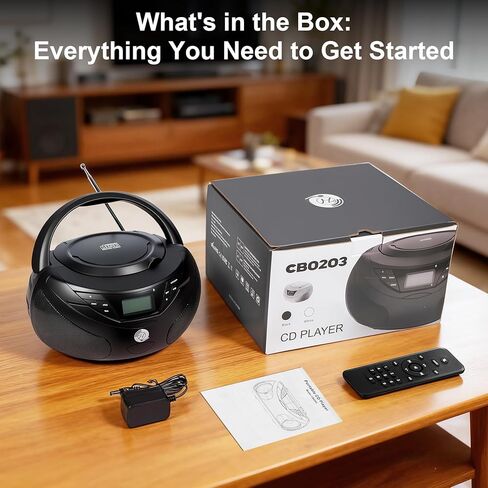 Portable CD Player Boombox with Bluetooth, FM Radio, USB Playback, Built-in Rechargeable 2000mAh Battery, Remote Control, Stereo Sound (Black) in Saudi Arabia