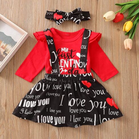 Newborn Baby Girls Valentines Day Outfits My 1st Valentine's Day Romper Suspender Skirt Headband Overall Clothes Set in Saudi Arabia